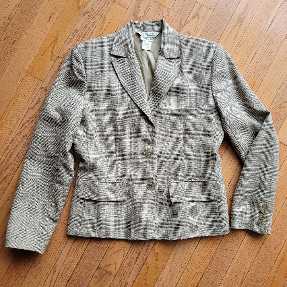 Austin Reed Plaid Taupe Silk Blend Core Blazer Jacket 6 Vintage